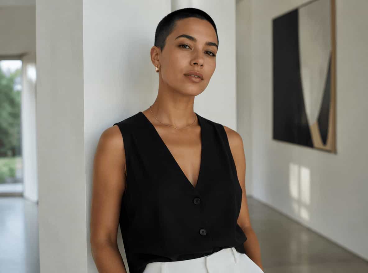 An image of a woman with a stylish buzz cut
