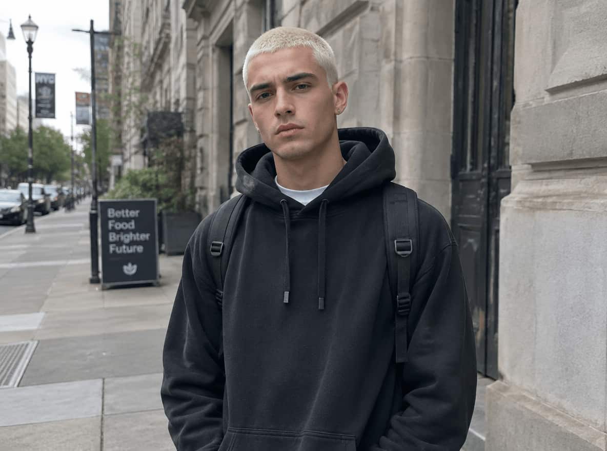 An image of a young man with a bleached buzz cut