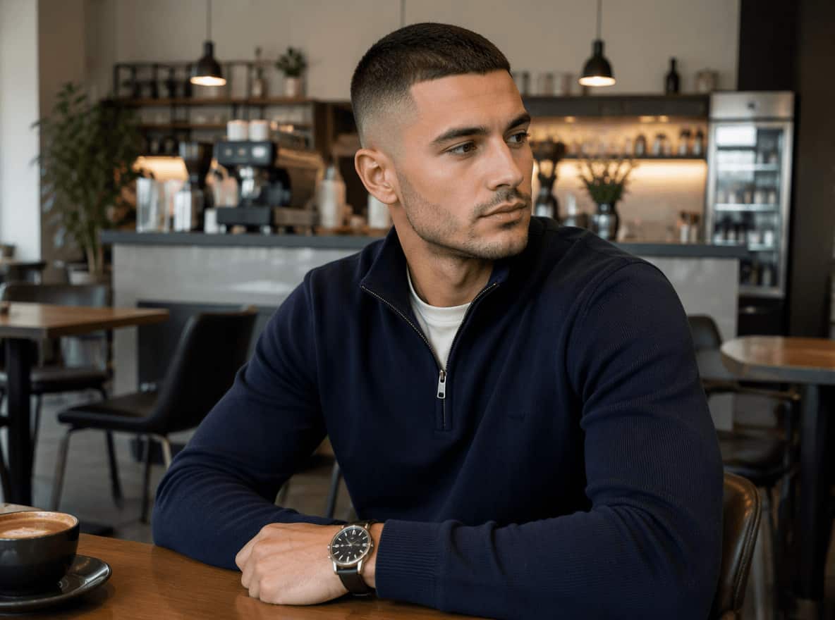 An image of a young man with a fade buzz cut