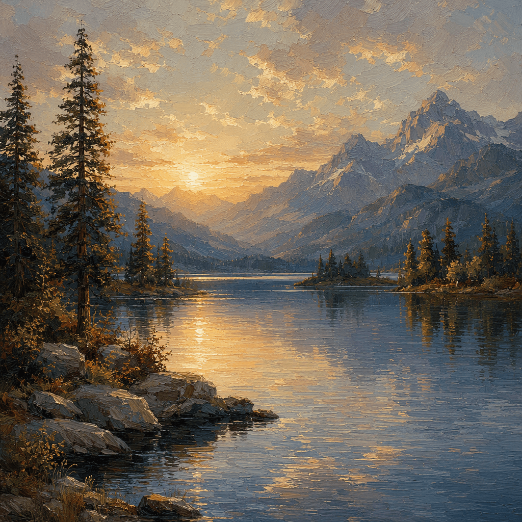 An oil painting of a lake view
