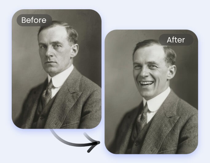 Animate an old photo of a man and make him smile