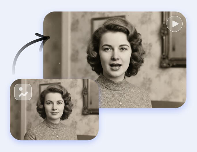 Animate an old photo of a woman and make her speak and sing