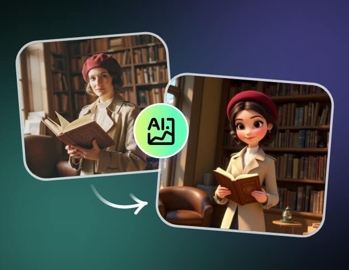 Apply a cartoon filter with ai to a photo of a woman holding a book
