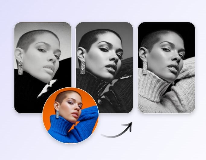 Apply different types of grayscale filters to a color image of a woman
