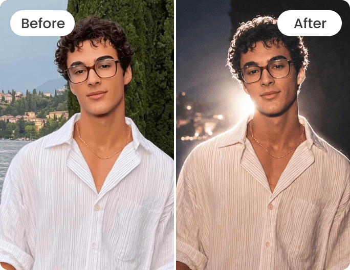 Apply lofi dusk filter to a photo of a boy with glasses