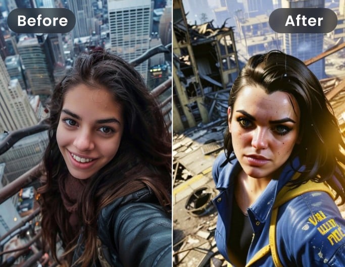 Before and after comparison effect of applying ai fallout filter to female selfie