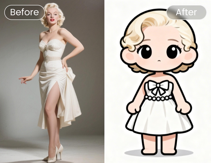 Before and after comparison of Marilyn Monroe turned into chibi style