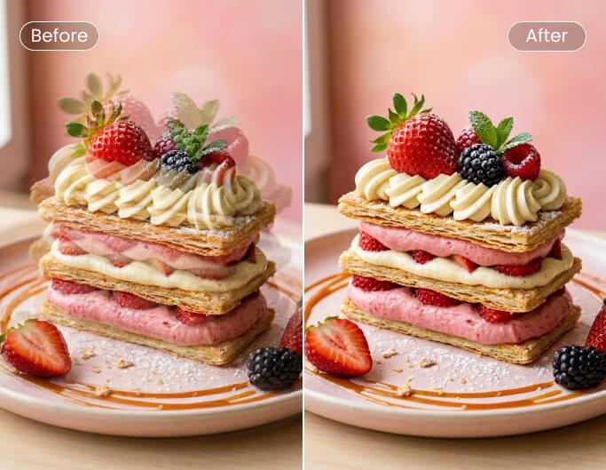 Before and after comparison of a camera shake blurred cake photo with sharper edges and reduced blur