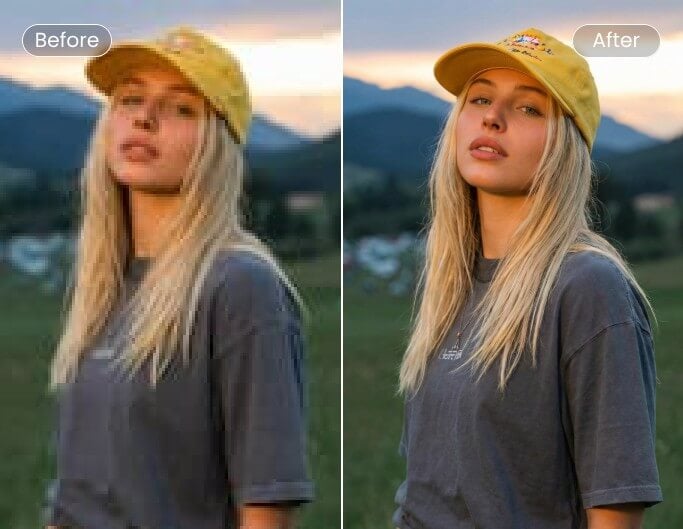 Before and after comparison of a compressed low quality female portrait with restored detail and improved clarity