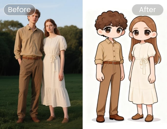 Before and after comparison of a couple photo turned into chibi style
