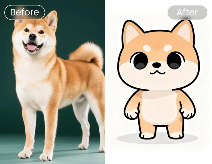 Before and after comparison of a dog turned into chibi style
