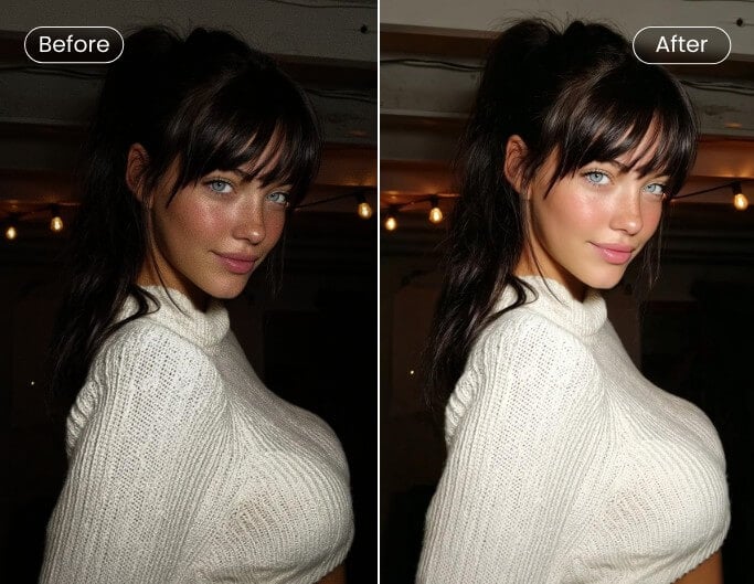 Before and after comparison of a low light blurry portrait with clearer facial features and improved detail