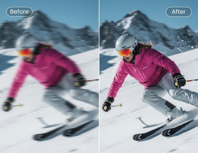 Before and after comparison of a motion blurred skiing photo using Fotor image blur remover