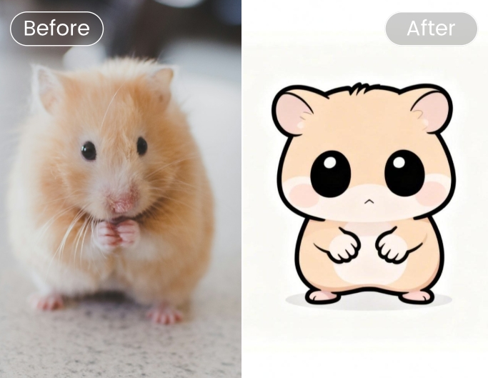 Before and after comparison of a mouse turned into chibi style