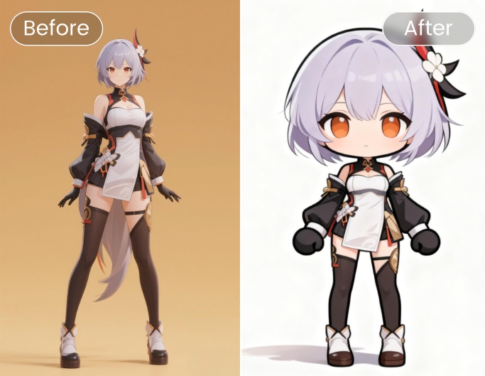 Before and after comparison of an anime girl turned into chibi style