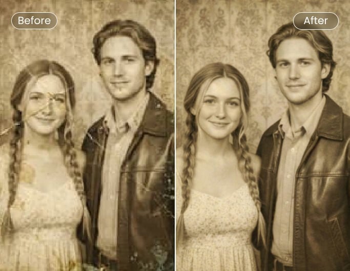 Before and after comparison of an old blurry photo with restored faces and enhanced detail