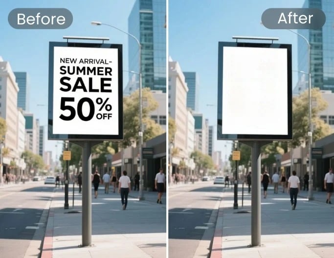 Before and after removing text from photo