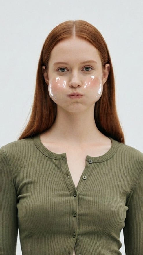 Bubble cheeks funny face effect for a woman