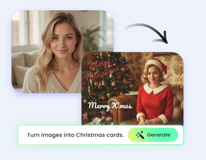 Change a female portrait photo to a santa image and make it a xmas card