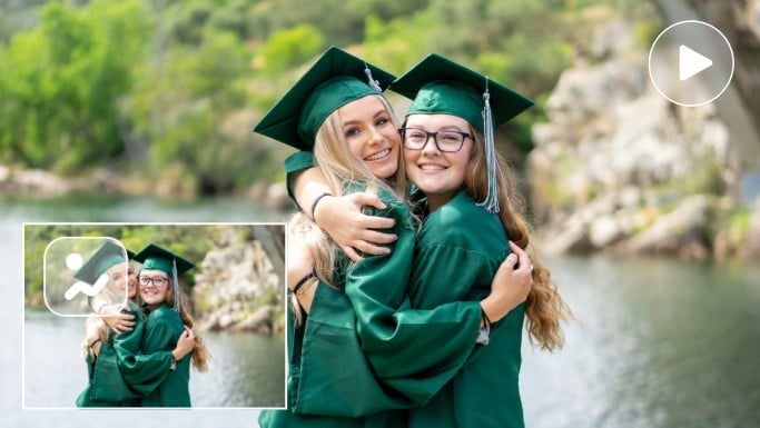 Change a group photo of two female graduates to a dynamic video