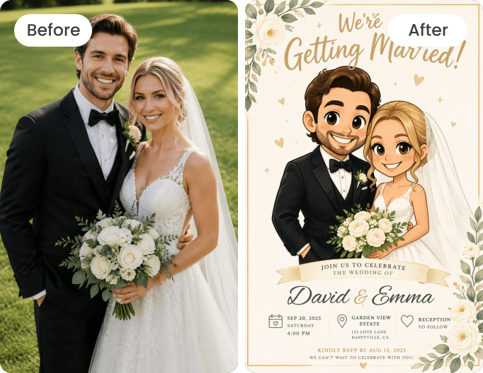Change a wedding photo to caricature art and make an invitation out of it