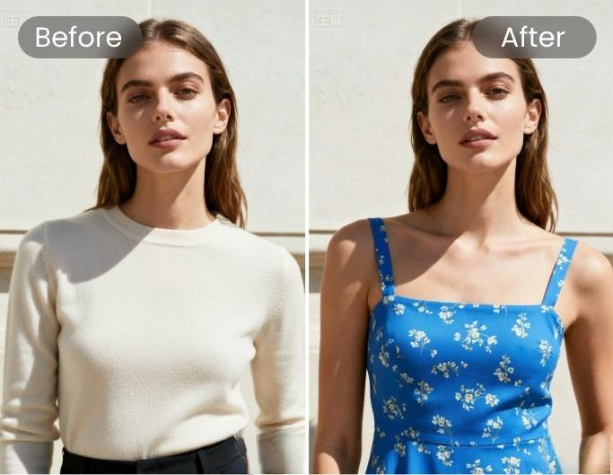 Change a white blouse into a blue dress with fotor