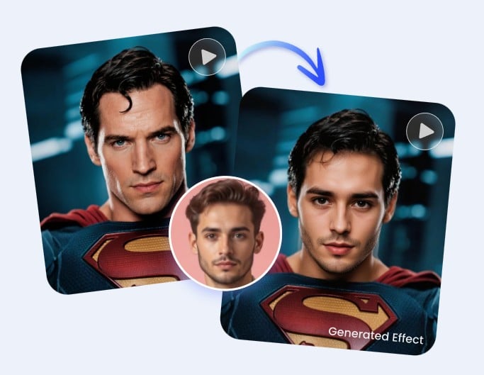 Changer de visage avec des personnages célèbres et des célébrités, mettant en scène un homme ordinaire se transformant en Superman