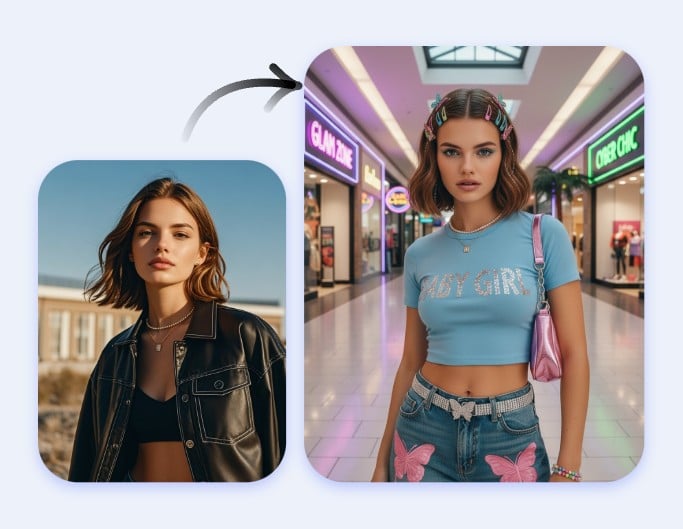 Change the clothes of a woman from black jacket into y2k style outfit with fotor ai time machine