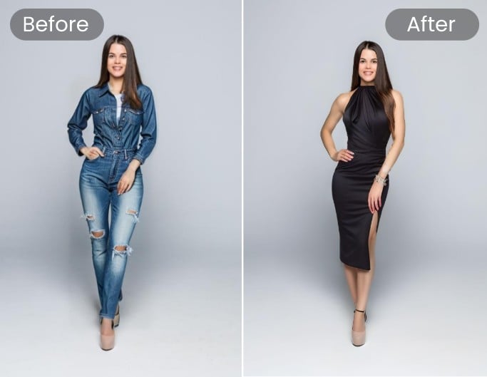 Change the denim suit of a lady to a black dress