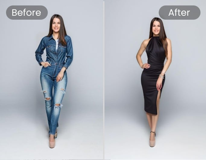 写真に写っている女性の服装を全部変える