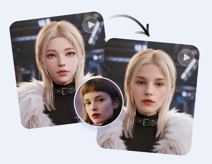 Change the face of a lady in real life with the photo of a virtual character