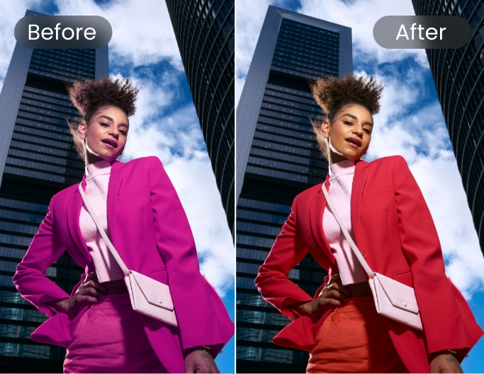 Change the hue of a stylish female photo with AI