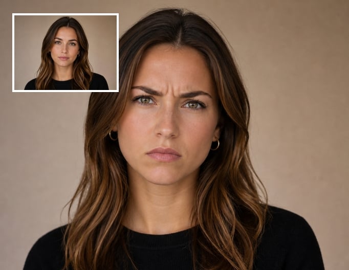 Change the original girl facial expression to serious