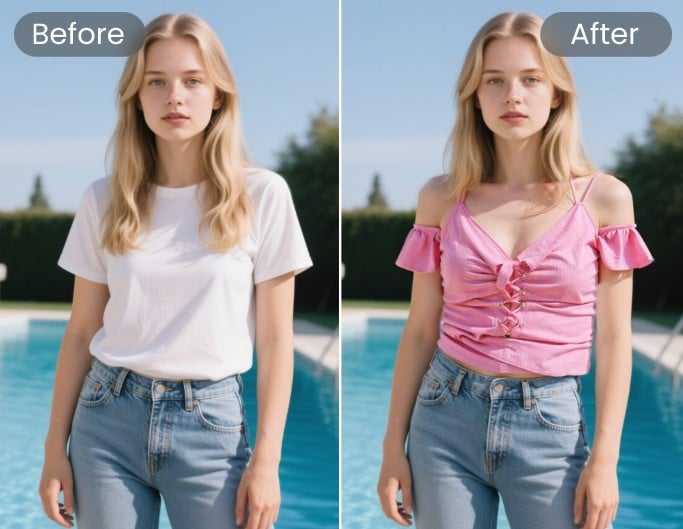 Change the white t shirt of a blond girl to a pink one