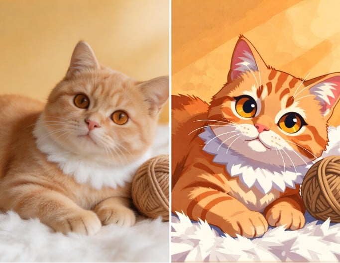 Originales und Cartoon-Bild eines Roten Kätzchens mit Wollknäuel