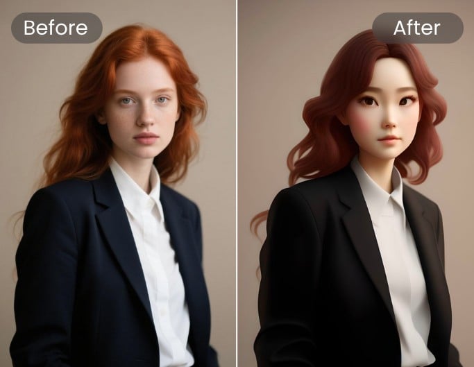 Ein Bild einer Frau mit roten Haaren in Chibi Stil umwandeln