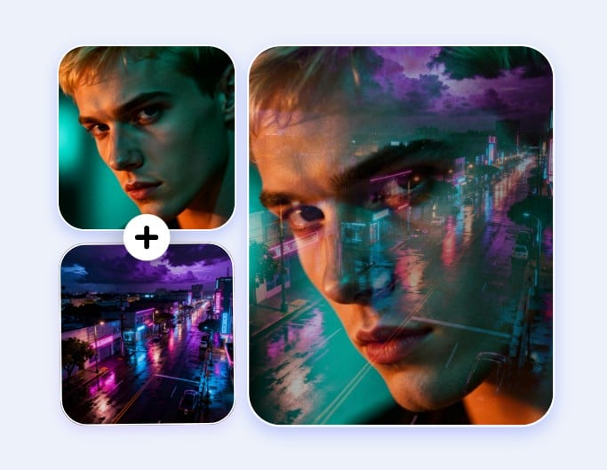 Combina dos imágenes en un marco con efectos de doble exposición