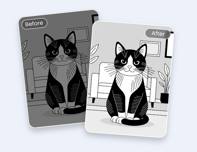 Contrast a black and white cartoon cat visual