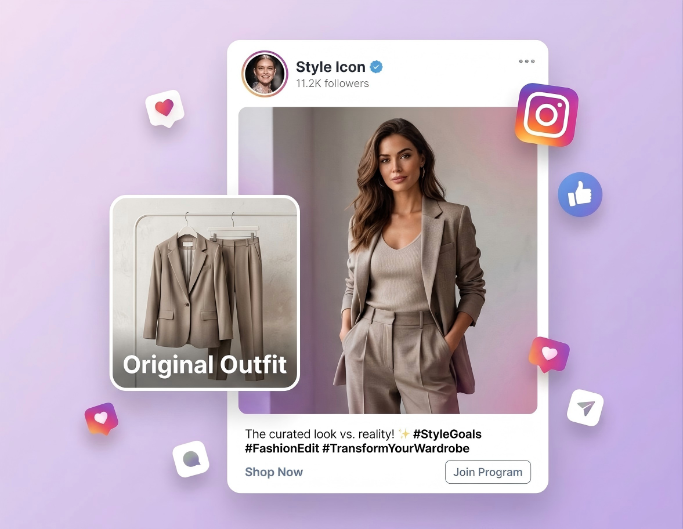 Convert a flatlay clothing image to a female model visual and share it on social media