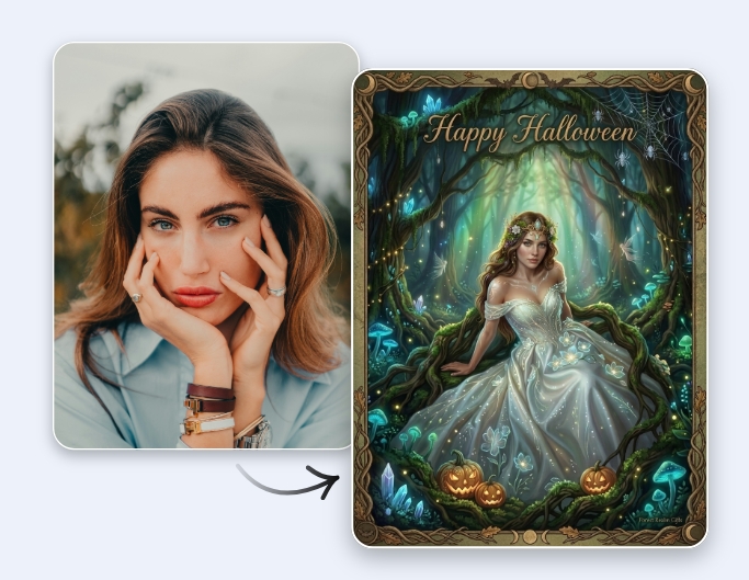 Convert a girl portrait to an ai fantasy character and make it a halloween gift card