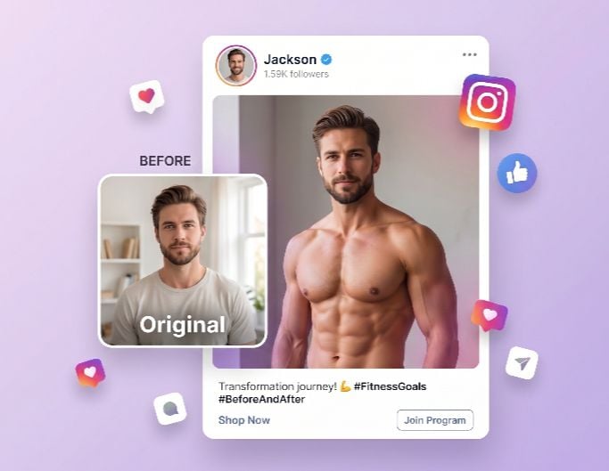 Convert a man photo to the muscle version and share it on social media