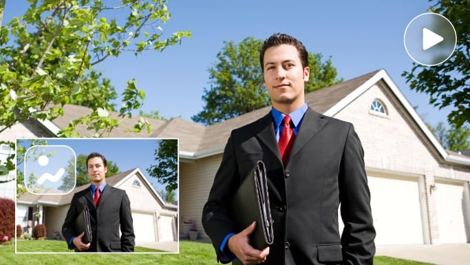 Convert a photo of a male real estate agent to a dynamic video