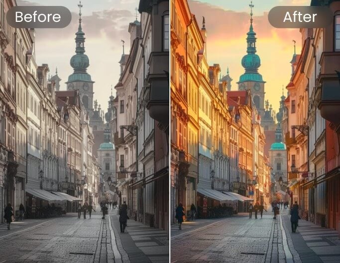 Convert a sepia photo of a historical building with yellow and brownish tones into vivid lifelike colors