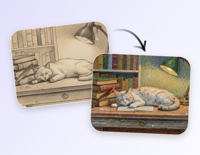 Convert a sketch of a cute cat on the desk into a finished painting