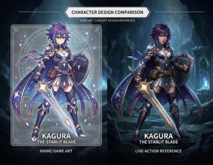 Convert an anime female character holding a sword to a real person for commercial design