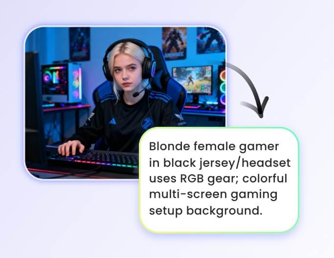 Convert an image of a woman playing a computer game into a text description