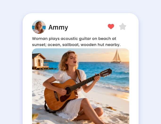 Convert an image of a woman playing guitar on the beach into a social media caption