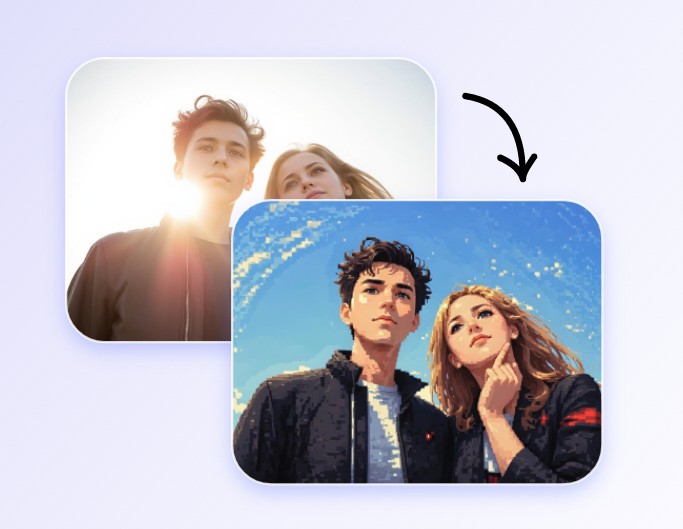 Convert the group photo into pixel art