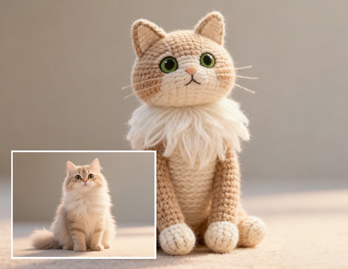 Converte a cute cat into a knitted doll