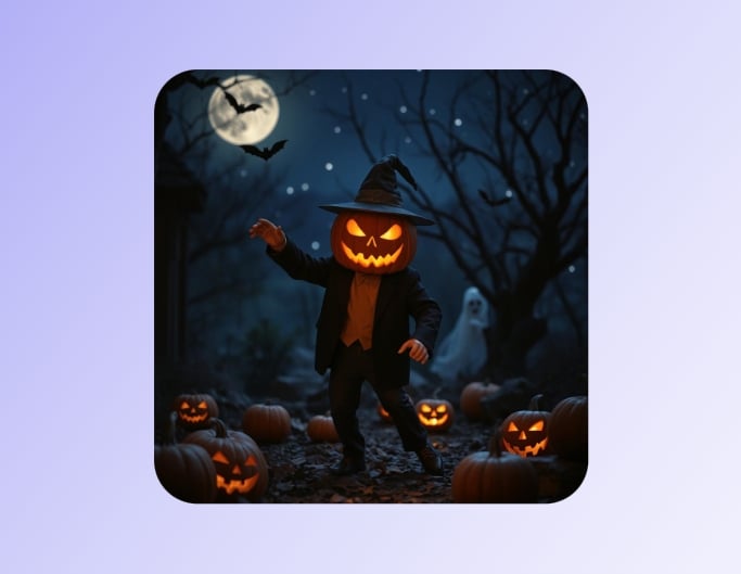 Cool halloween picture showing a pumpkin faced man standing in a dark forest full of pumpkins